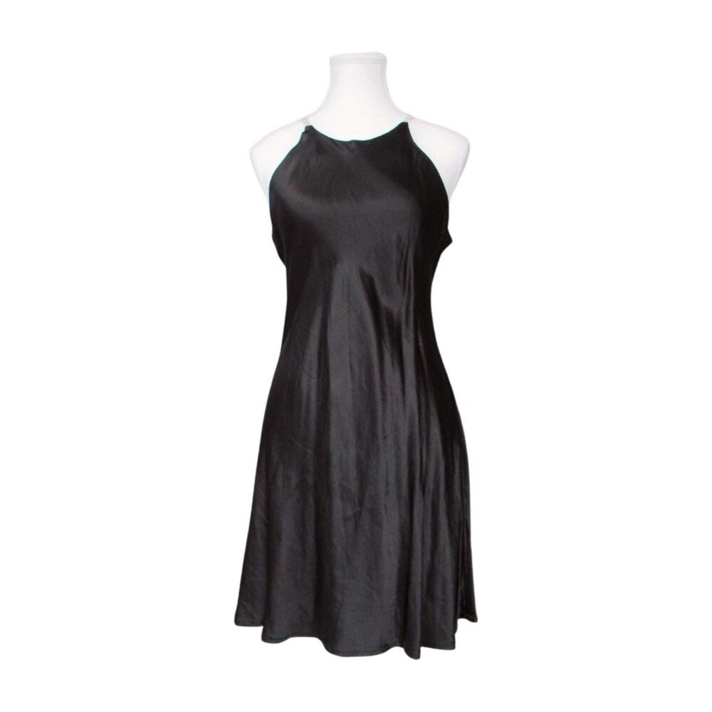 Pariscope Black Satin Rhinestone Strap Slip Dress – 90s/Y2K Party Dress – M